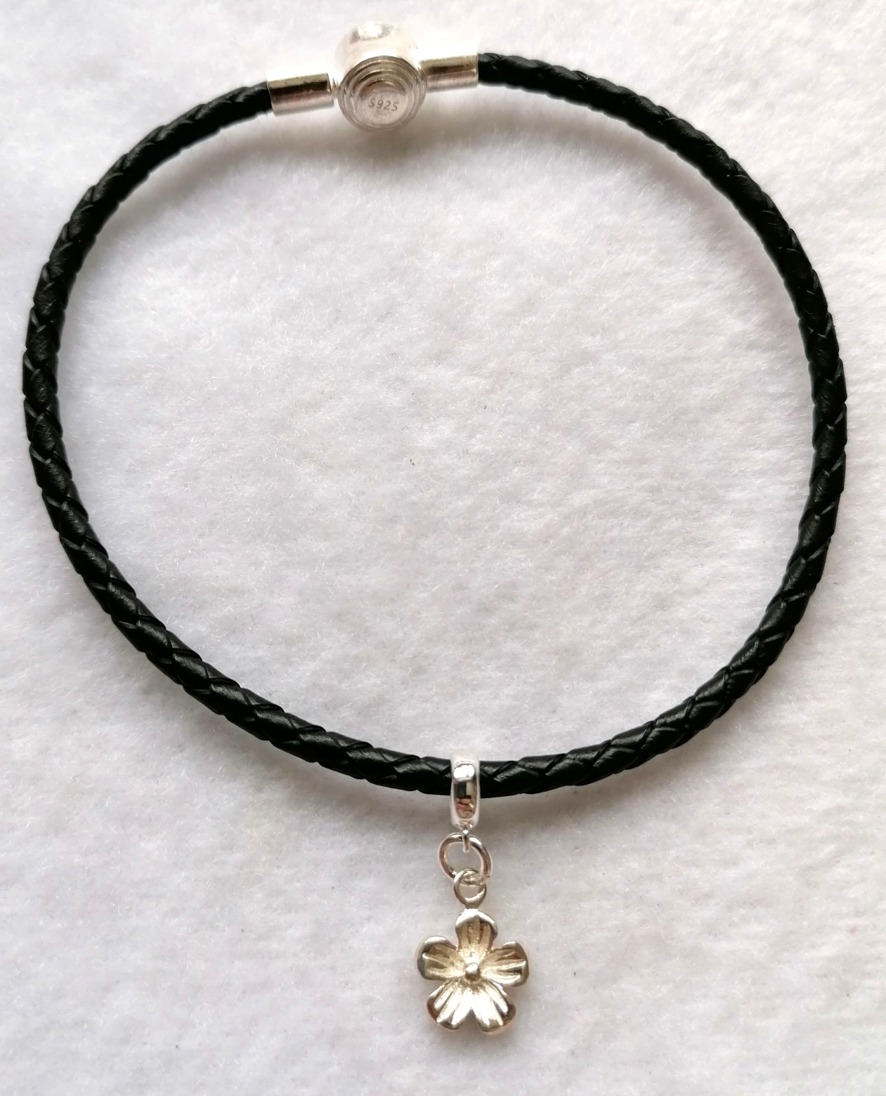 Black Leather with Sterling Silver Flower