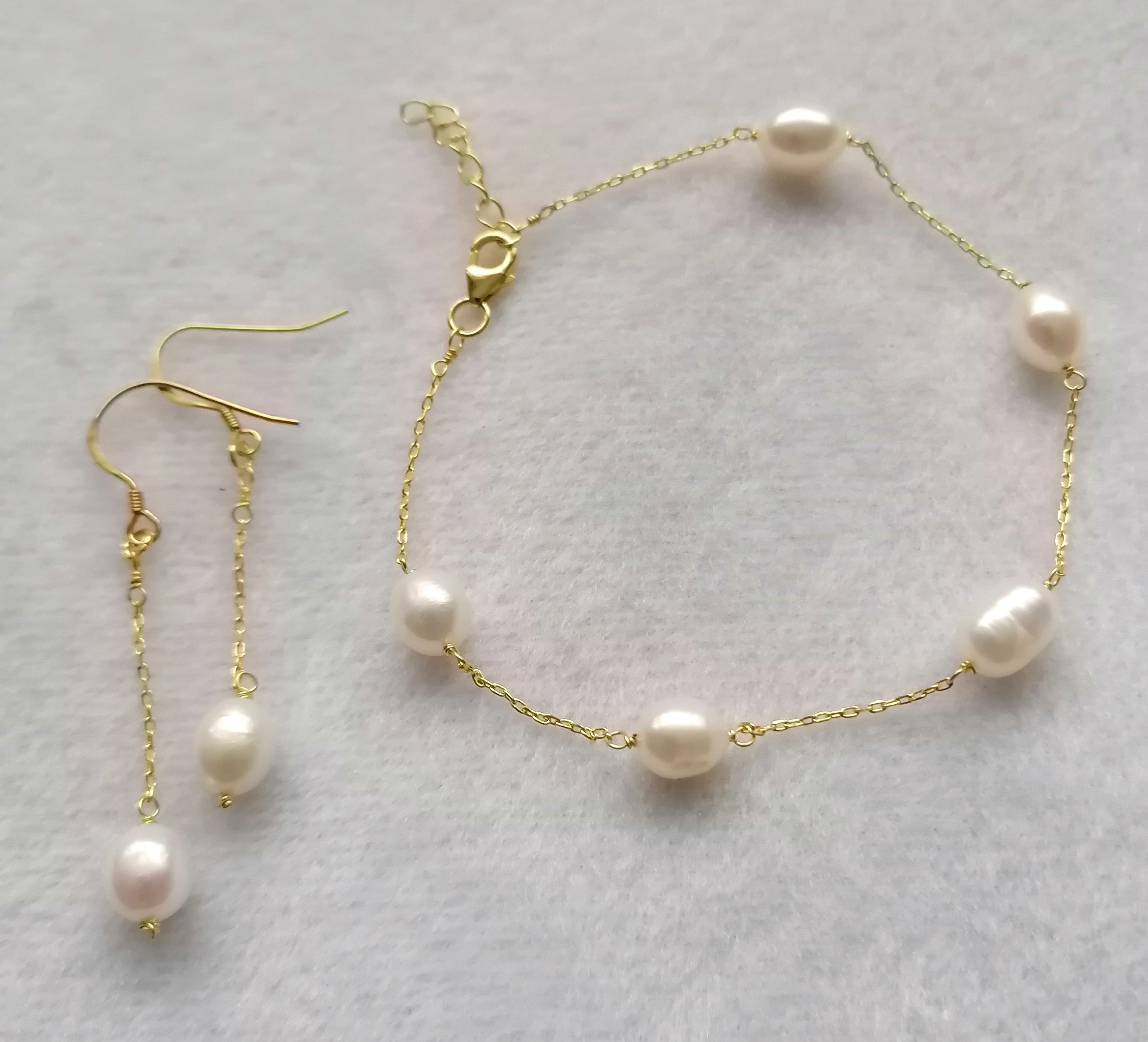 Gold Plated Sterling Silver Station Bracelet with Single Drop Earrings